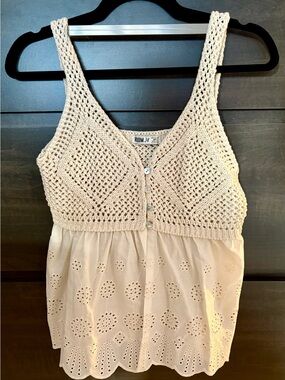 Cream Crochet Eyelet Button-Front Tank Top
